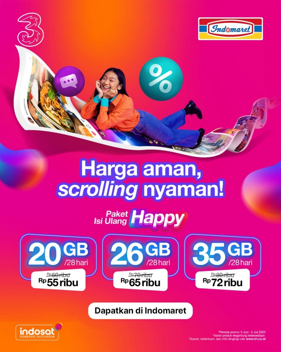 Promo Indomaret hari ini, Minggu, 8 Juni 2025. Beli paket data, pulsa, dan kartu perdana Tri dapat hadiah tambahan mulai dari minyak goreng hingga mi instan (Instagram/indomaret)