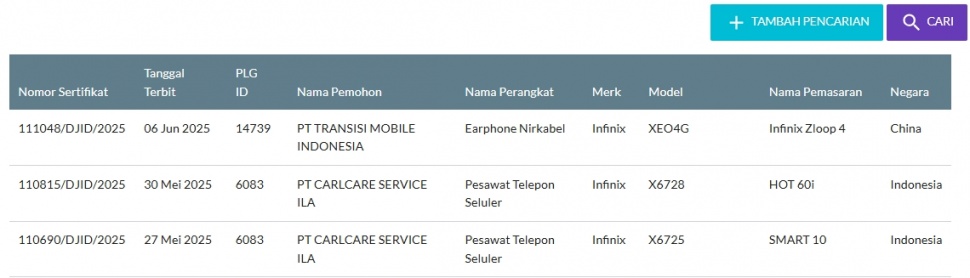 Infinix Hot 60i dan Infinix Smart 10 lolos sertifikasi di Indonesia. (SDPPI)