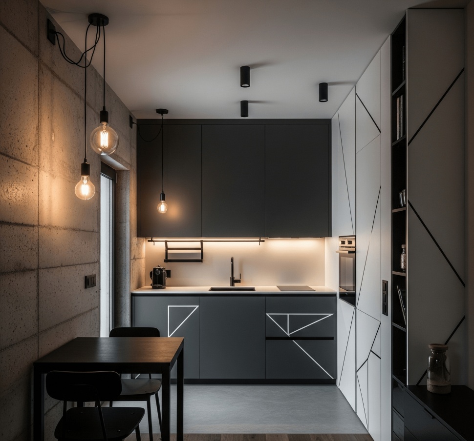 Dapur dan ruang makan sempit dengan desain interior rumah minimalis industrial (gemini)