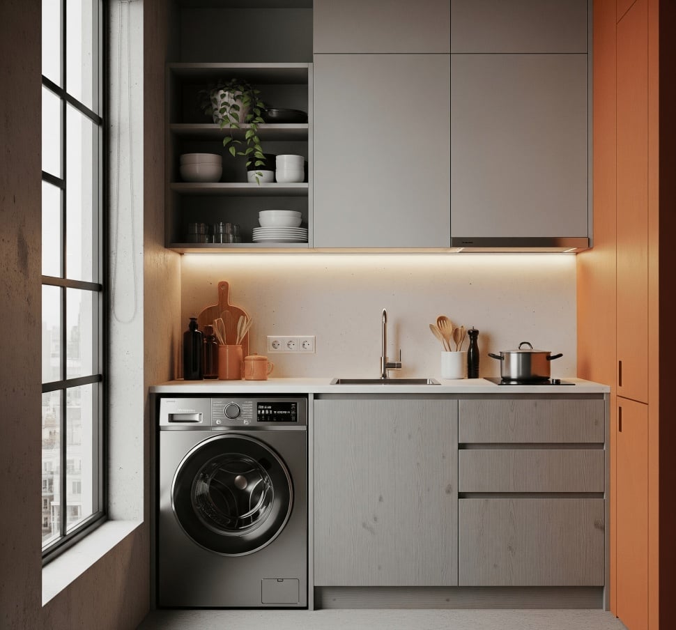 dapur sempit dengan cahaya alami dengan desain interior rumah minimalis industrial (gemini)