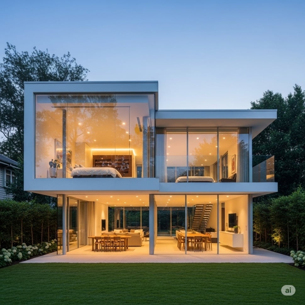 Desain Rumah Minimalis 2 Lantai dengan Dinding Kaca. [Gemini AI]