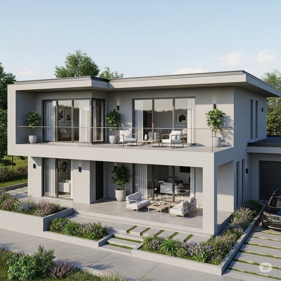 Desain Rumah Minimalis 2 Lantai dengan Balkon Luas. [Gemini AI]
