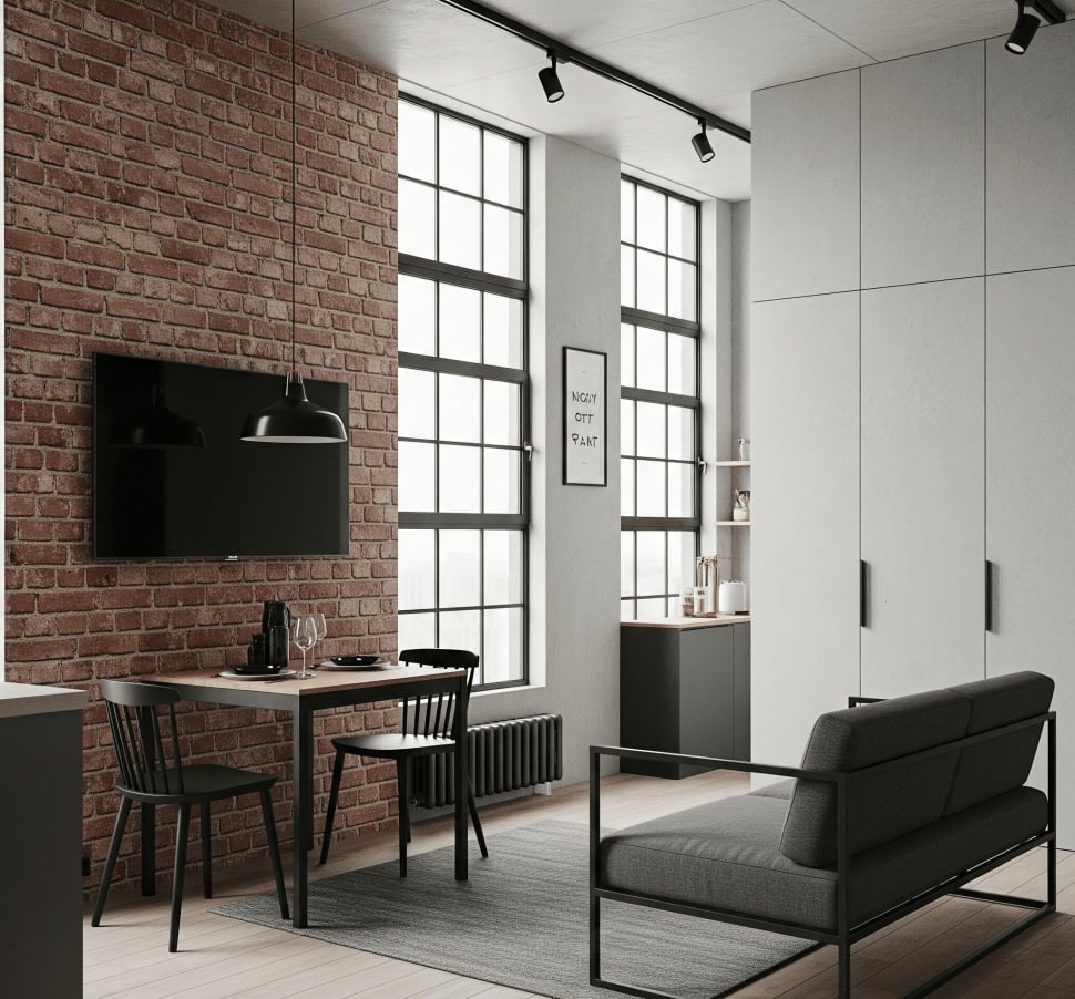 ruang multifungsi dengan desain interior rumah minimalis industrial (gemini)