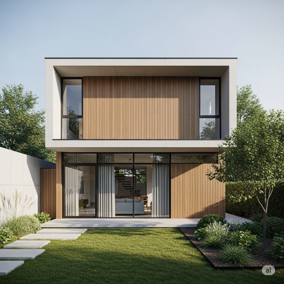 Desain Rumah Minimalis 2 Lantai dengan Atap Datar. [Gemini AI]