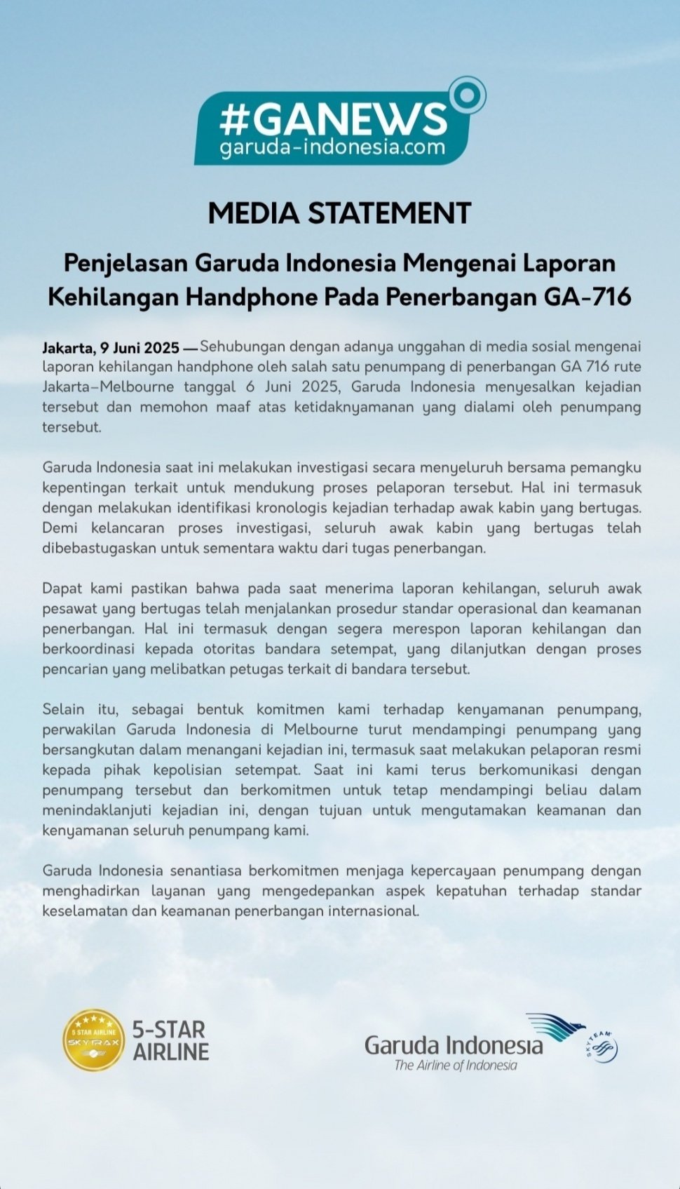 Surat Pernyataan Garuda Indonesia (Instagram)
