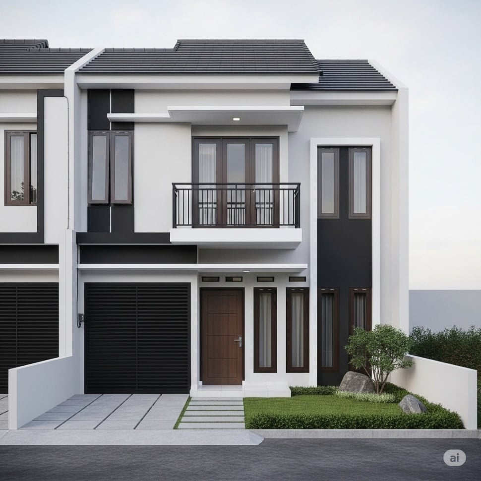 Desain Rumah Minimalis 2 Lantai dengan Fasad Monokrom. [Gemini AI]