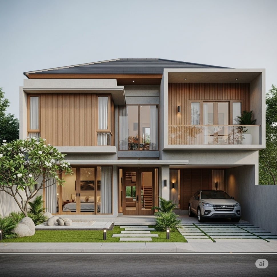 Desain Rumah Minimalis 2 Lantai dengan Kombinasi Kayu dan Beton. [Gemini AI]