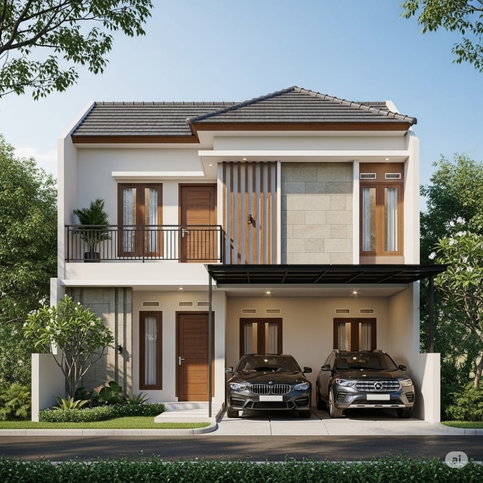 Desain Rumah Minimalis 2 Lantai Nuansa Tropis. [Gemini AI]