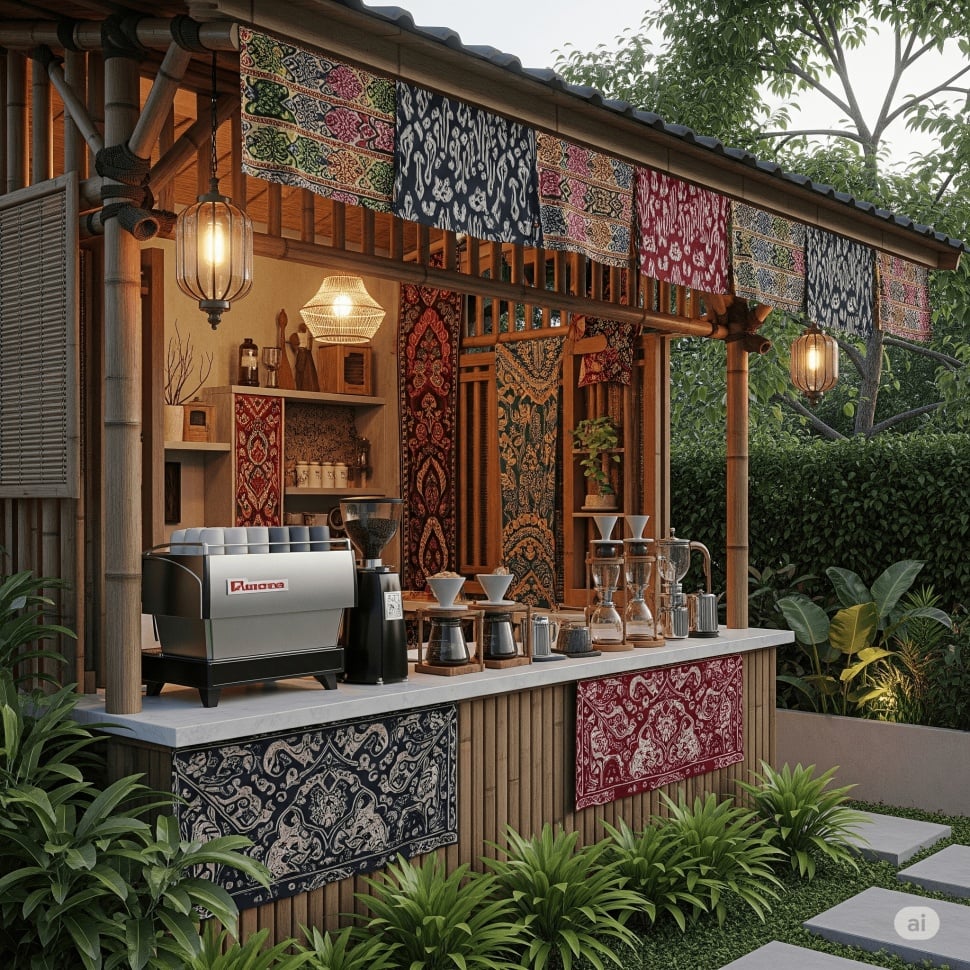desain warung kopi depan rumah bergaya etnik tradisional (Gemini)