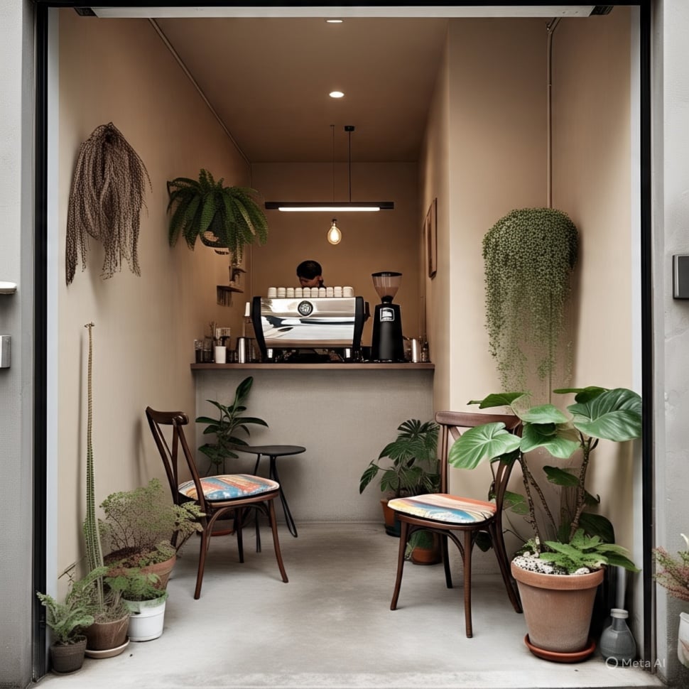 coffeshop kekinian, desain warung kopi depan rumah dengan tanaman (Meta AI)