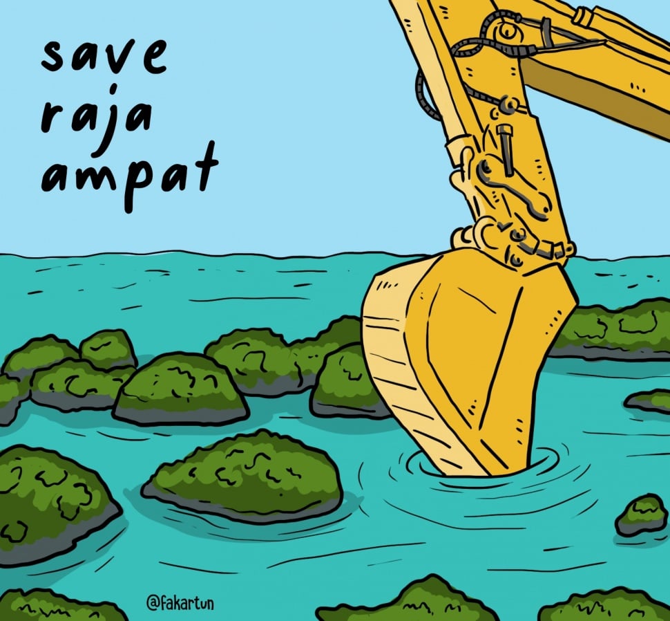 Ilustrasi kritik atas eksploitasi Pulau Gag di Kepulauan Raja Ampat yang digali untuk penambangan nikel. [FakartunXSuara.com]