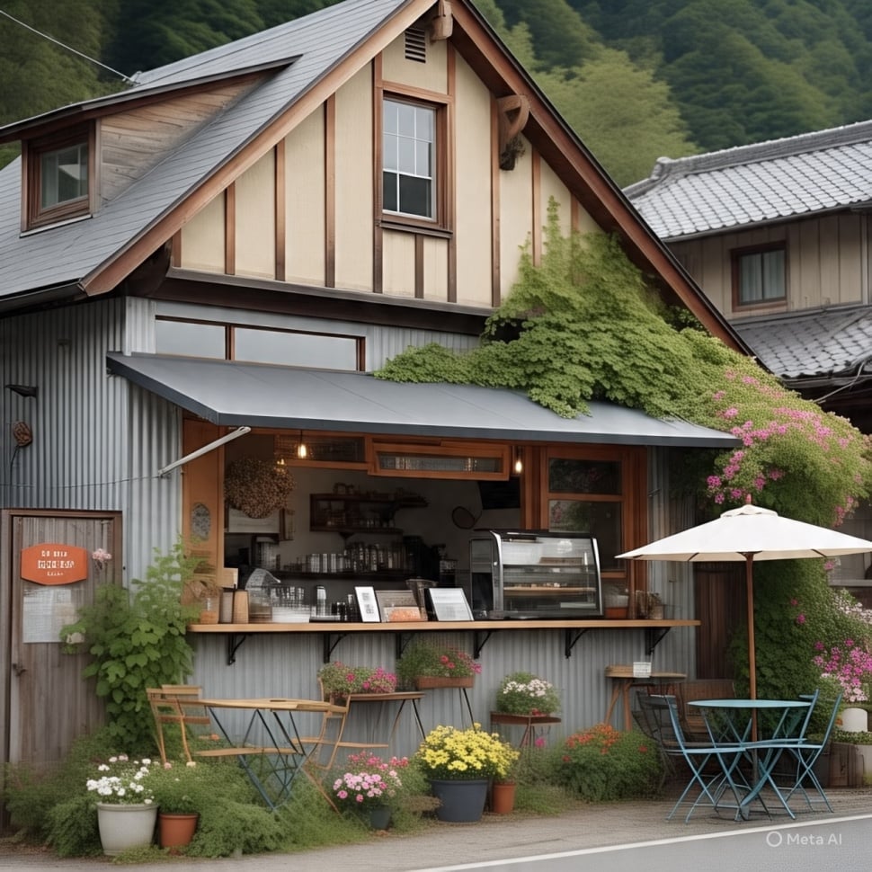 desain warung kopi depan rumah dengan meja payung yang bisa dibongkar pasang (Meta AI)