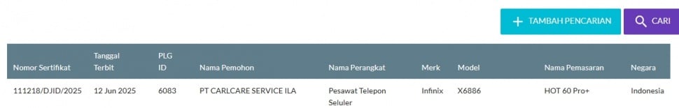 Infinix Hot 60 Pro Plus lolos sertifikasi di Indonesia. (SDPPI)