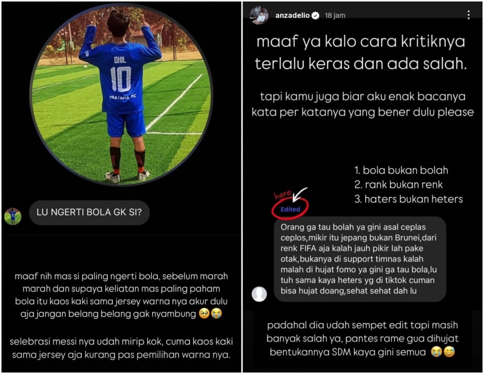Anrez Adelio tak terima dihujat suporter Timnas Indonesia (Instagram/@anzadelio)