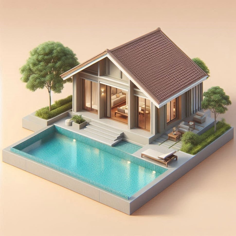 Ide desain kolam renang di rumah sederhana. (Bing Image Creator)