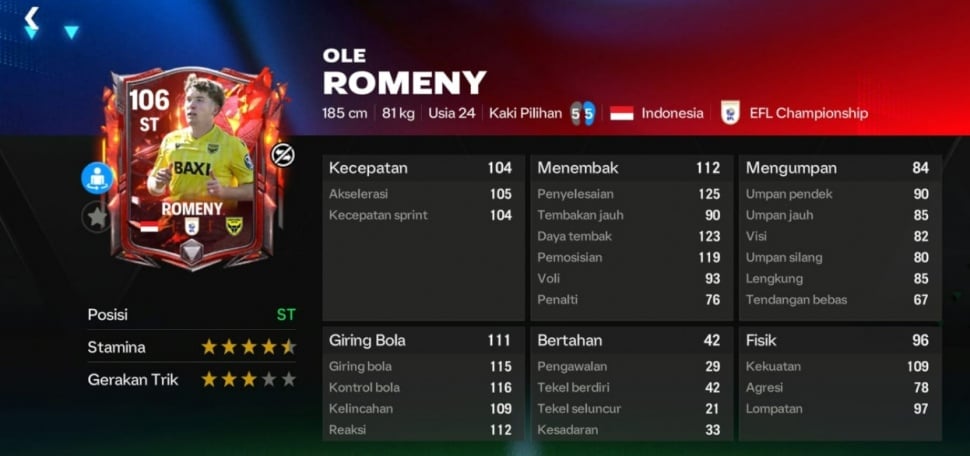 Statistik Ole Romeny di FC Mobile. (Suara.com/ Rezza Rachmanta)