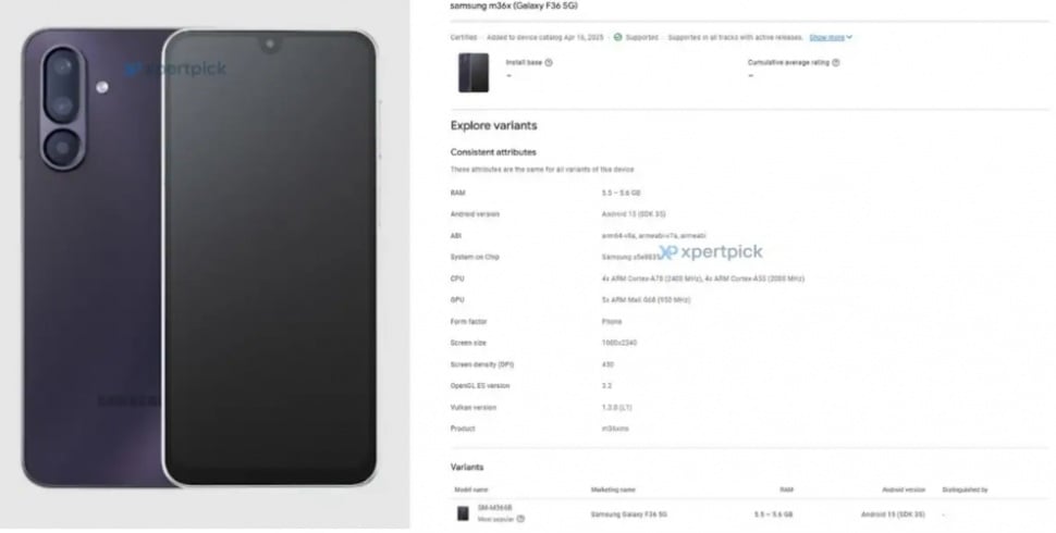 Nomor model Samsung Galaxy F36 mirip dengan Galaxy M36. (Google Play Console via XpertPick)