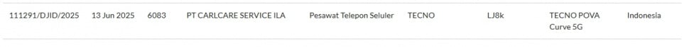 Tecno Pova Curve 5G lolos sertifikasi di Indonesia. (SDPPI)