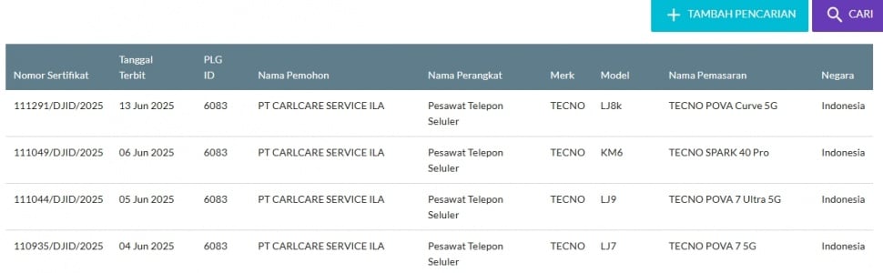 4 HP murah Tecno Lolos Sertifikasi, Usung Spek Gahar. (SDPPI)
