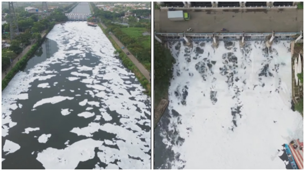 Fenomena Busa Tebal Penuhi Kanal Banjir Timur Marunda