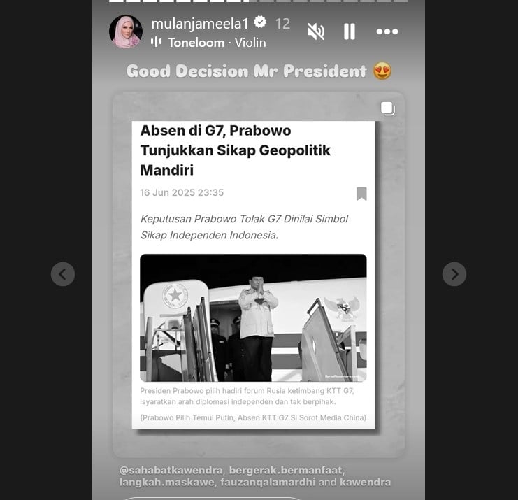 Mulan Jameela memuji langkah Presiden Prabowo yang lebih memilih menemui Presiden Rusia Vladimir Putin daripada menghadiri udangan negara-negra G7. Karena pada putusannya, G7 malah mendukung Israel alih-alih membela Iran. [Instagram]
