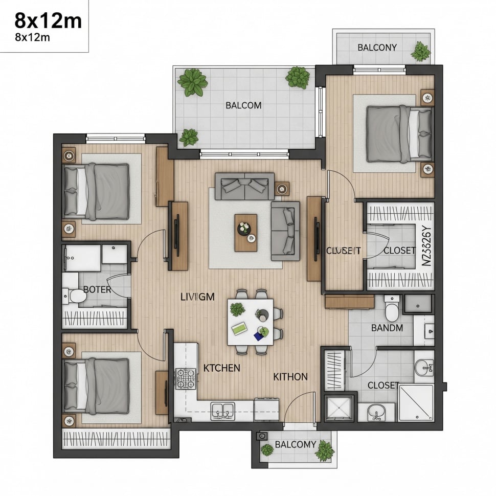 Desain rumah 8x12 meter 3 kamar tidur dengan ruang keluarga yang luas (gemini)