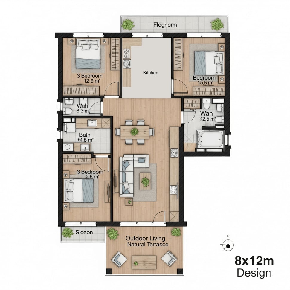 desain rumah 8x12 meter 3 kamar dan ruang tamu luar ruangan (Gemini)