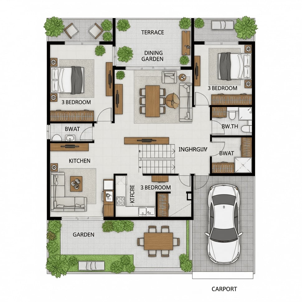 Desain rumah 8x12 meter dengan tiga kamar, konsep open space (gemini)
