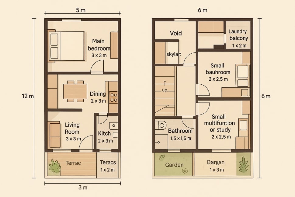 Denah dalam rumah ala drakor yang minimalis di gang sempit. [Suara.com]