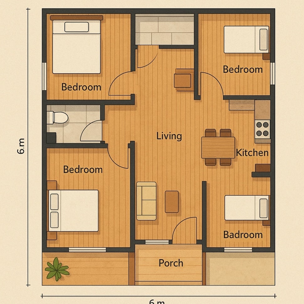 Denah Rumah 6x8m, Lantai Kayu, Fungsional. [Suara.com]