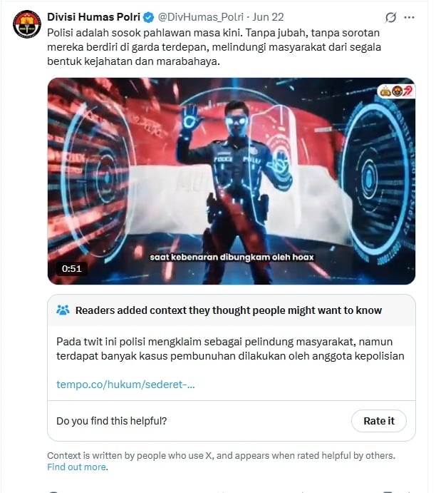 Video Divisi Humas Polri dapat catatan komunitas X. Tak hanya itu, Grok atau AI milik Elon Musk juga memberikan kritik terhadap video tersebut. [Suara.com/X]