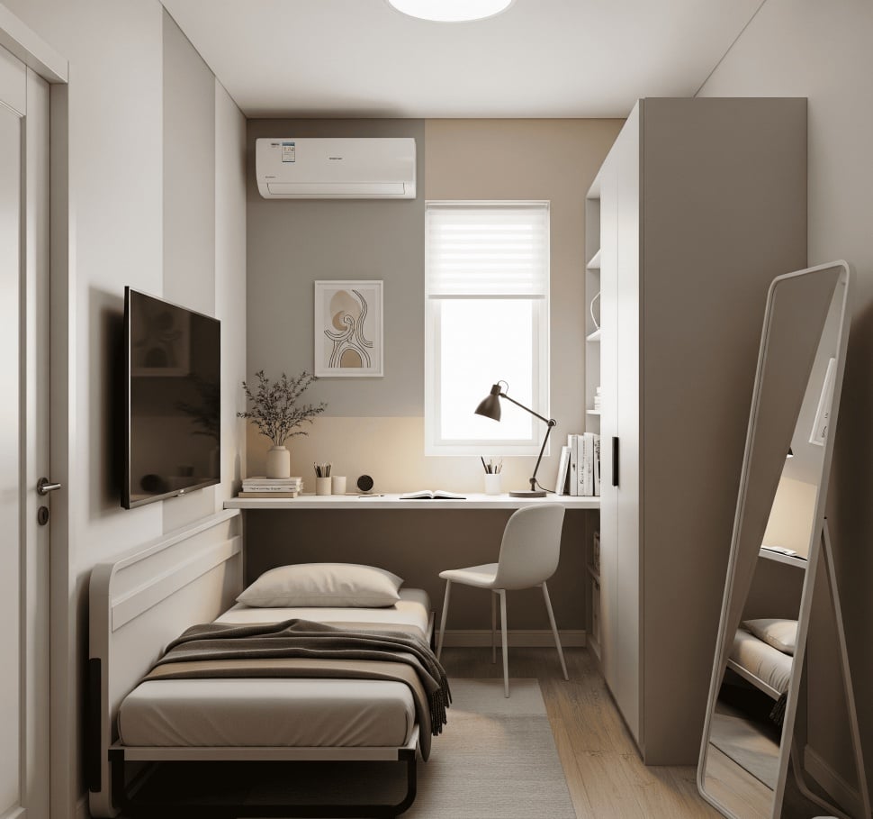 ide desain interior rumah subsidi minimalis dengan furniture kecil dan menghemat ruang (gemini)