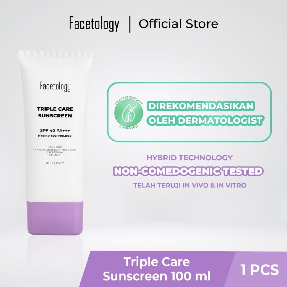 Sunscreen murah isi banyak,Facetology Big Size Triple Care Sunscreen Acne SPF 40 PA +++ 100 ml (facetology.id)