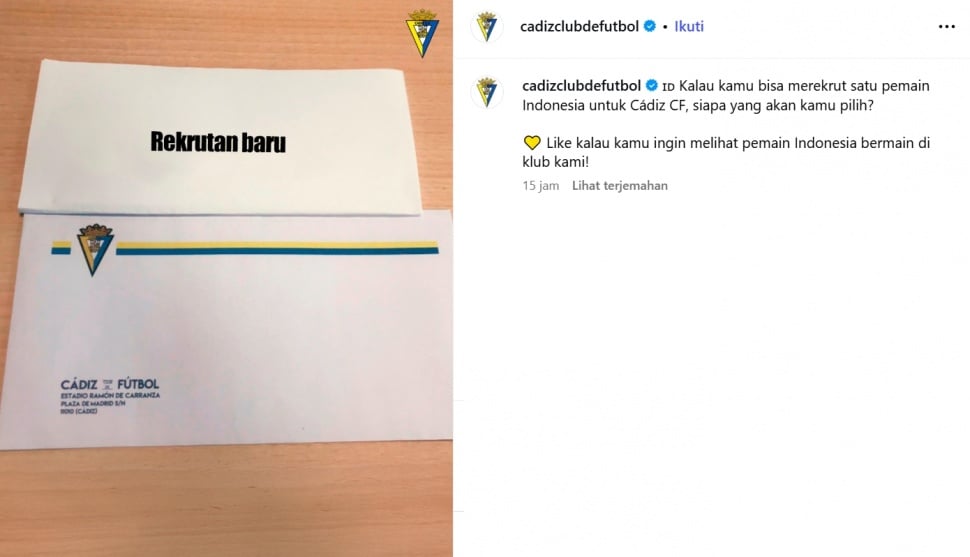 Cadiz FC minta rekomedasi pemain Indonesia untuk direkrut. (Instagram/@cadizclubdefutbol)