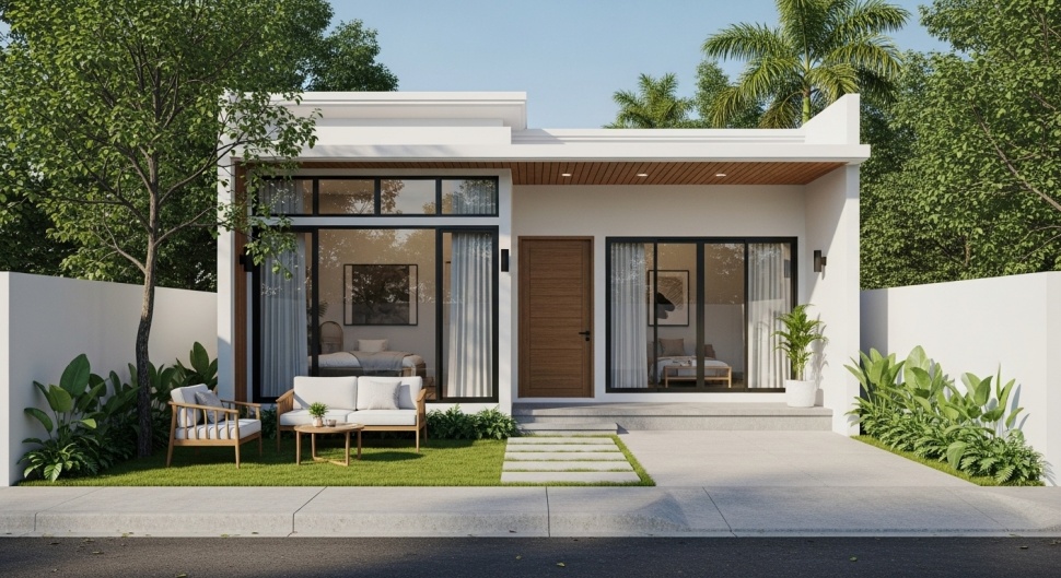 desain rumah type 36 minimalis tropis modern dengan bukaan lebar (Google AI)
