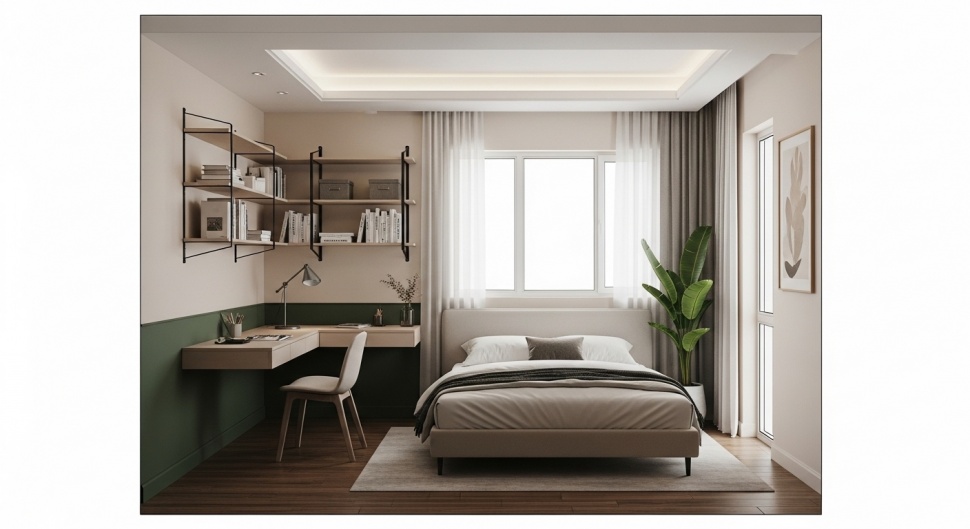 desain interior rumah type 36 minimalis dengan bed dan meja kerja sudut (Google AI)
