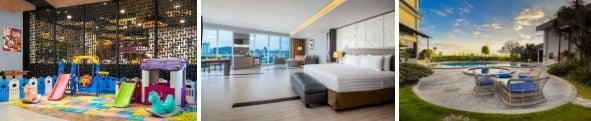 Tempat Bermain Anak-Anak di fave hotel Sidoarjo, Kamar Junior Suite di Aston Makassar Hotel & Convention Center, Kolam Renang di Neo Eltari Kupang. (Dok: Archipelago)