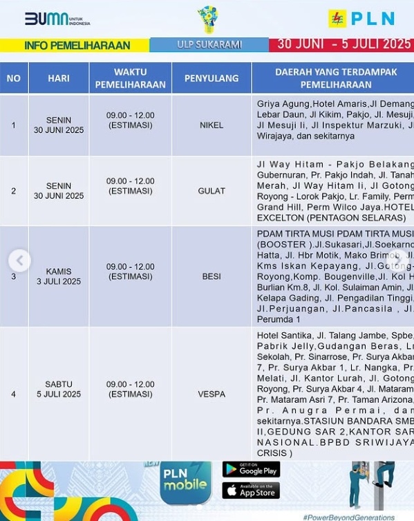 pemberitahuan listrik padam di Palembang