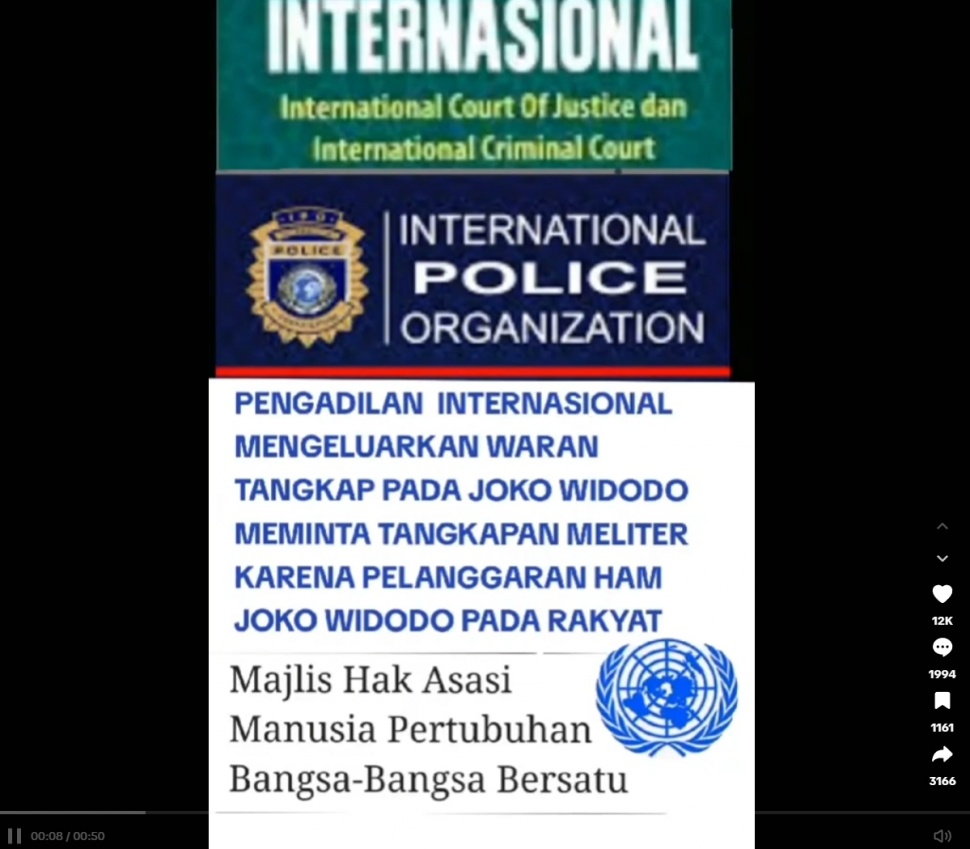 Isi konten di akun TikTok @repallinoharefali yang mengklaim Pengadilan Internasional mengeluarkan surat penangkapan untuk Jokowi. Setelah ditelusuri tim cek fakta Suara.com, isi unggahan ini hoaks. [Suara.com/TikTok]