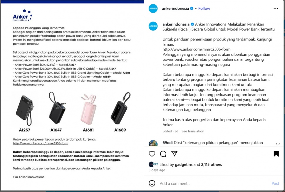 Anker melakukan recall atau menarik peredaran empat tipe power bank. (Instagram)