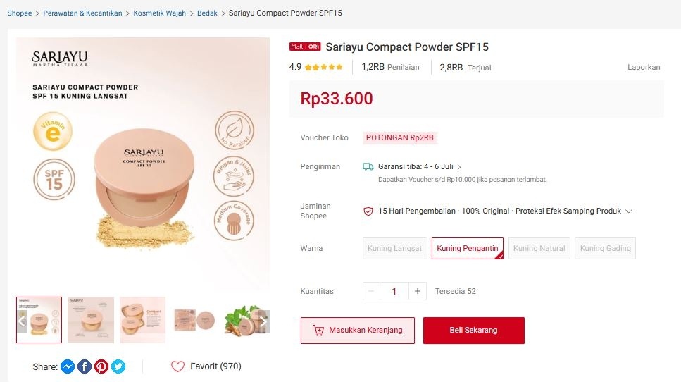 Bedak apa yang mengandung SPF? Ini rekomendasinya. (Shopee/Sariayu Martha Tilaar Official Shop)