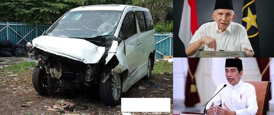 Kolase foto Amien Rais, Jokowi, dan mobil Hanafi Rais yang kecelakaan di Tol Cipali tahun 2020. [Suara.com]