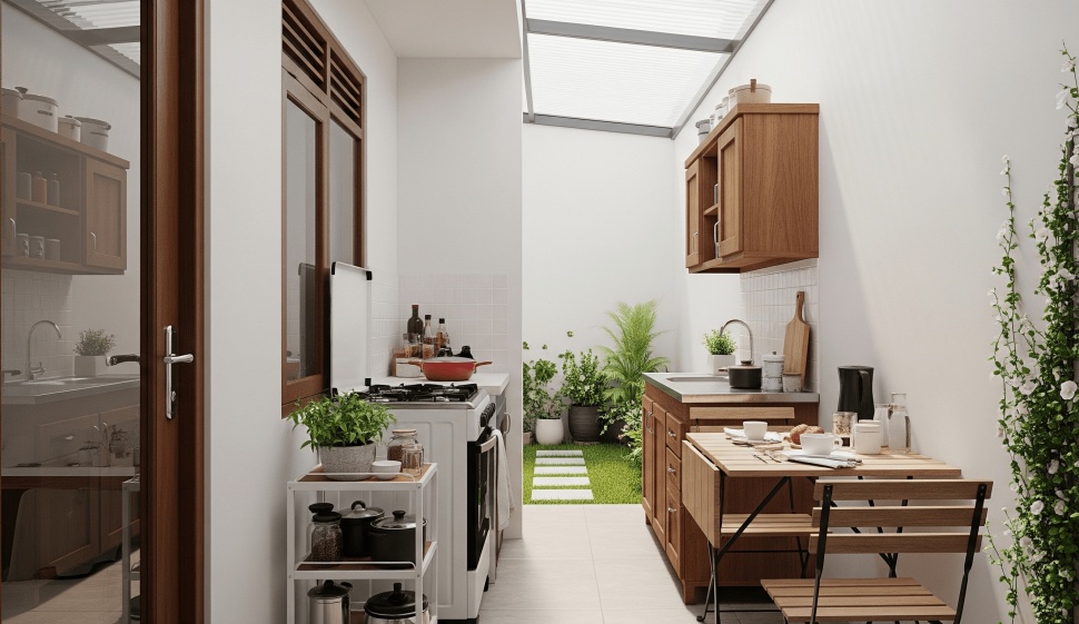 desain dapur semi outdoor minimalis di sisi rumah sederhana (Gemini)