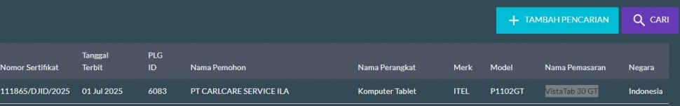 Tablet murah Itel VistaTab 30 GT lolos sertifikasi di Indonesia. (SDPPI)