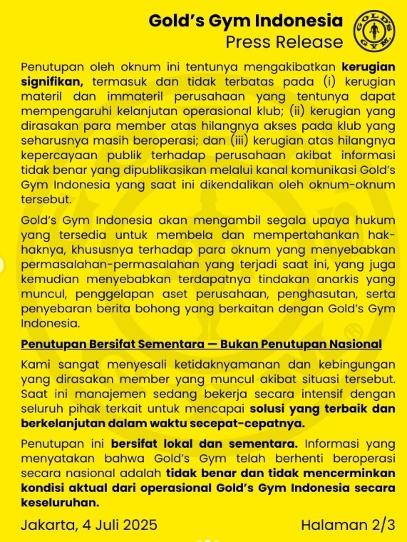 Klarifikasi Penutupan Beberapa Klub Gold’s Gym. (dok. Gold's Gym)