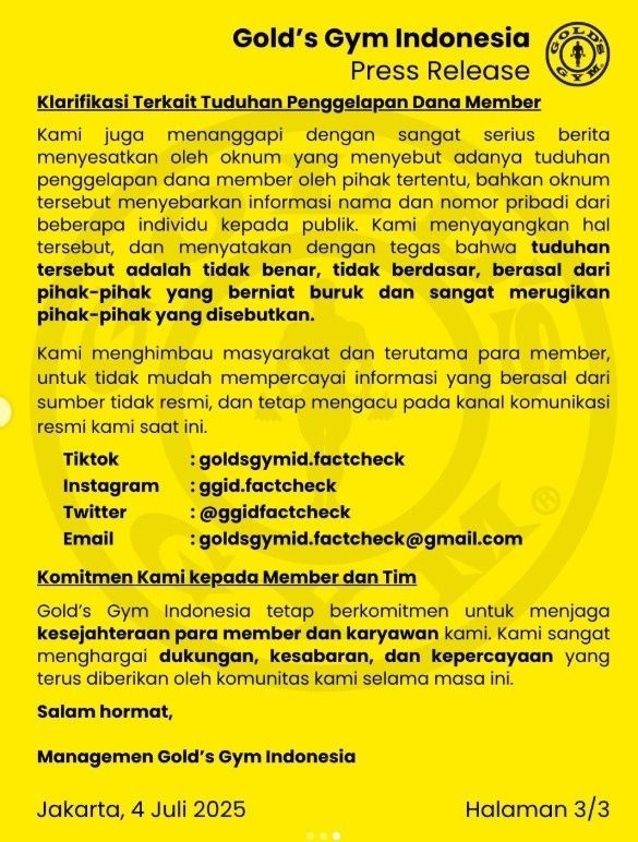 Klarifikasi Penutupan Beberapa Klub Gold’s Gym. (dok. Gold's Gym)