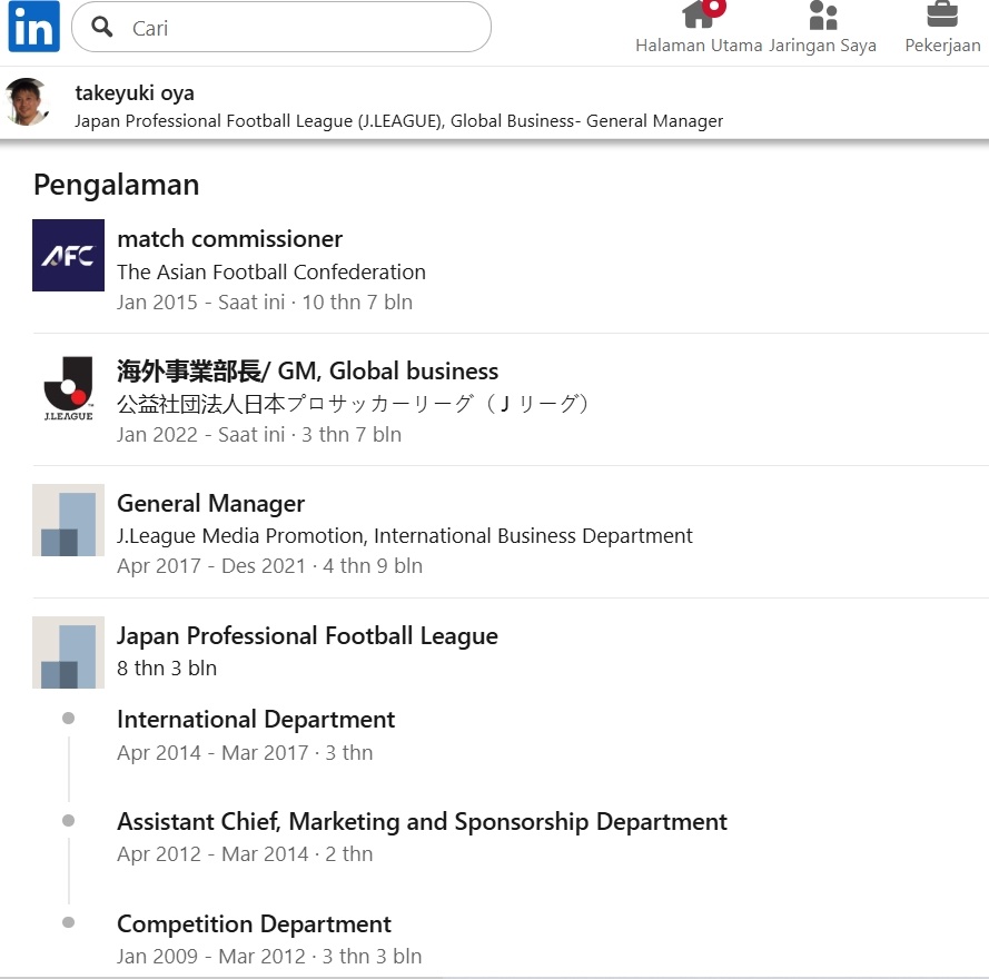 Rekam jejak Takeyuki Oya yang ditunjuk jadi GM Kompetisi dan Operasional LIB. (Linkedin Takeyuki Oya)