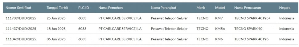 Tecno Spark 40 lolos sertifikasi di Indonesia. (SDPPI)