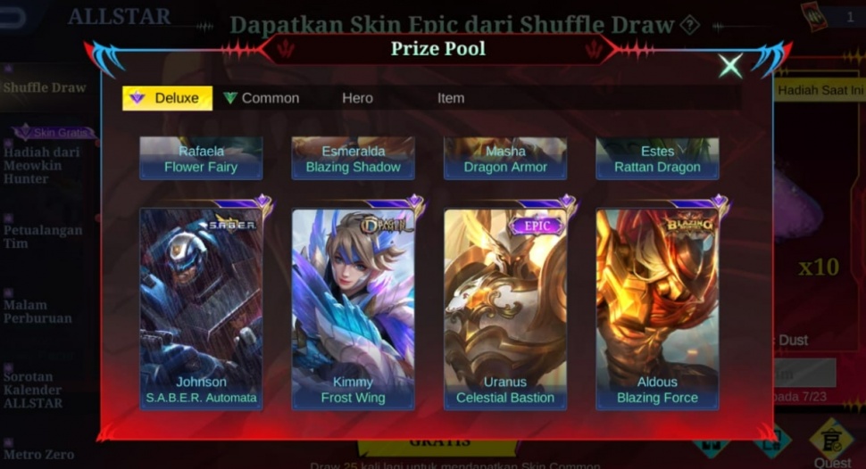 Hadiah skin Epic gratis di Mobile Legends. (Suara.com/ Rezza Rachmanta)