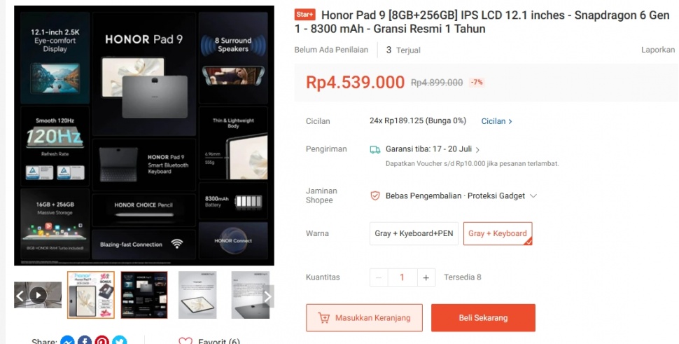 Harga Honor Pad 9 turun ratusan ribu rupiah. (Shopee)